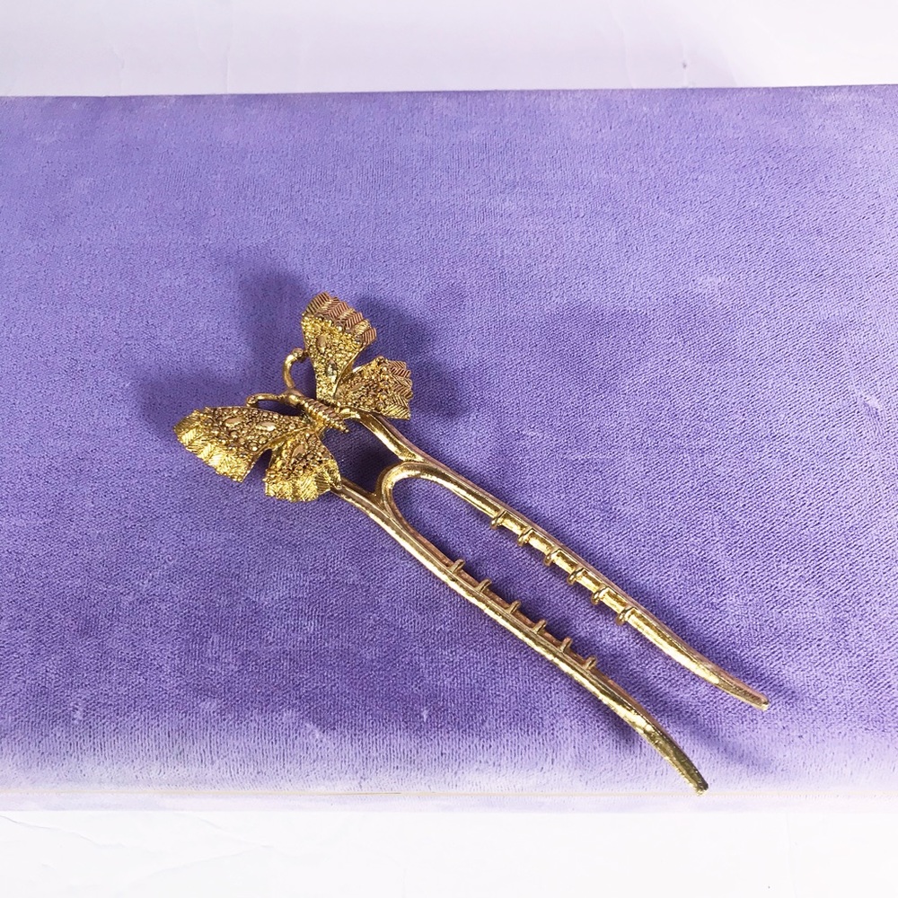 Vintage Butterfly golden fork hair stick pin,